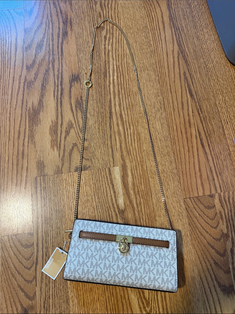 Michael Kors White MK Logo Crossbody with Tan Trim and Gold Chain